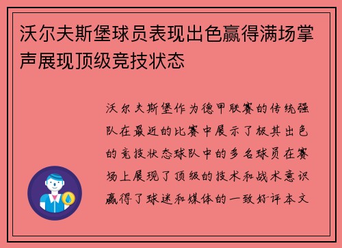 沃尔夫斯堡球员表现出色赢得满场掌声展现顶级竞技状态