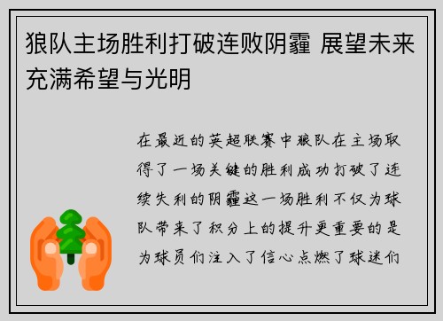 狼队主场胜利打破连败阴霾 展望未来充满希望与光明