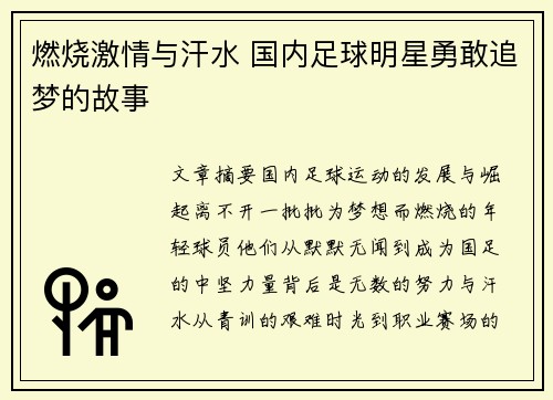 燃烧激情与汗水 国内足球明星勇敢追梦的故事